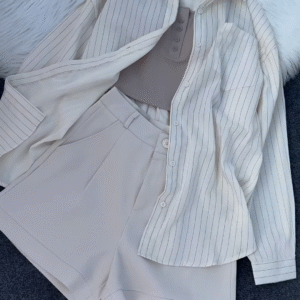 💖 Edgy Chic Sheer Pink Pinstriped Oversized Shirt, Black Crop Top & Shorts Set 🖤