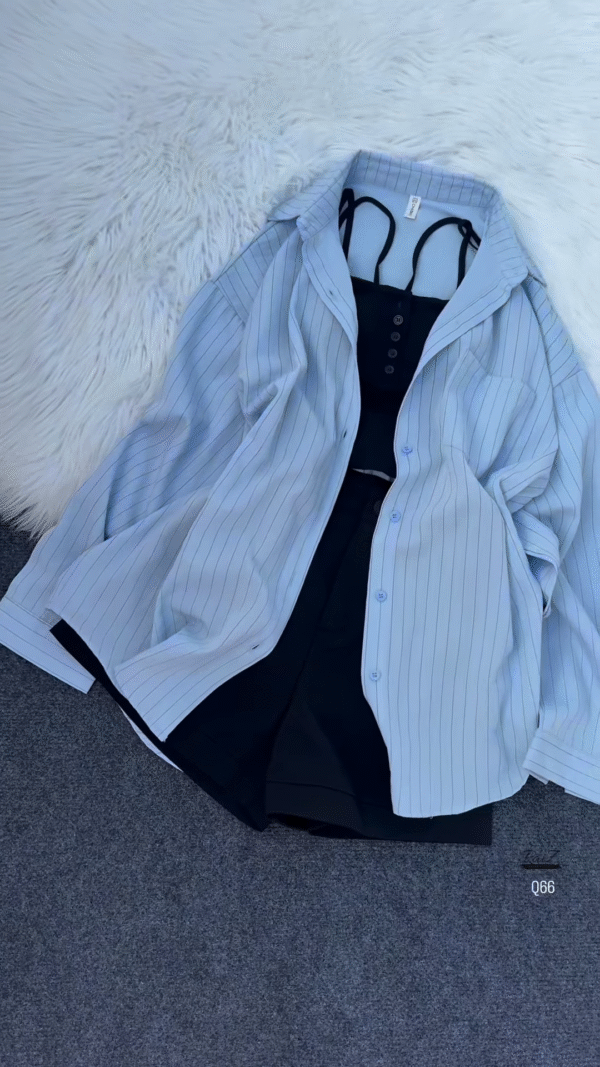💖 Edgy Chic Sheer Pink Pinstriped Oversized Shirt, Black Crop Top & Shorts Set 🖤 - Image 3