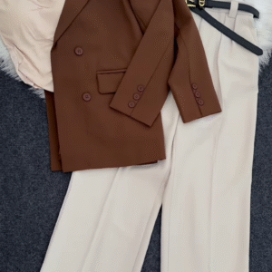 🍷 Sophisticated Burgundy Double-Breasted Blazer & Beige Pleated Pants Set 👔
