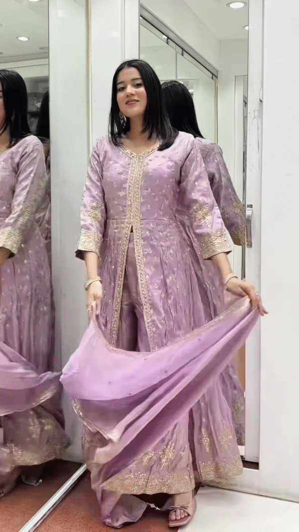💜 Elegant Lilac Embroidered Palazzo Suit with Dupatta 🌸 - Image 2