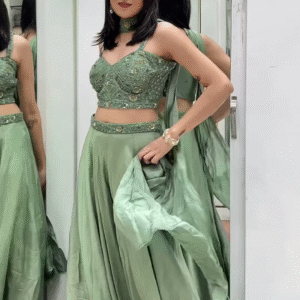 🌿 Ethereal Sage Green Embellished Crop Top & Flowing Palazzo Pants Set 💚