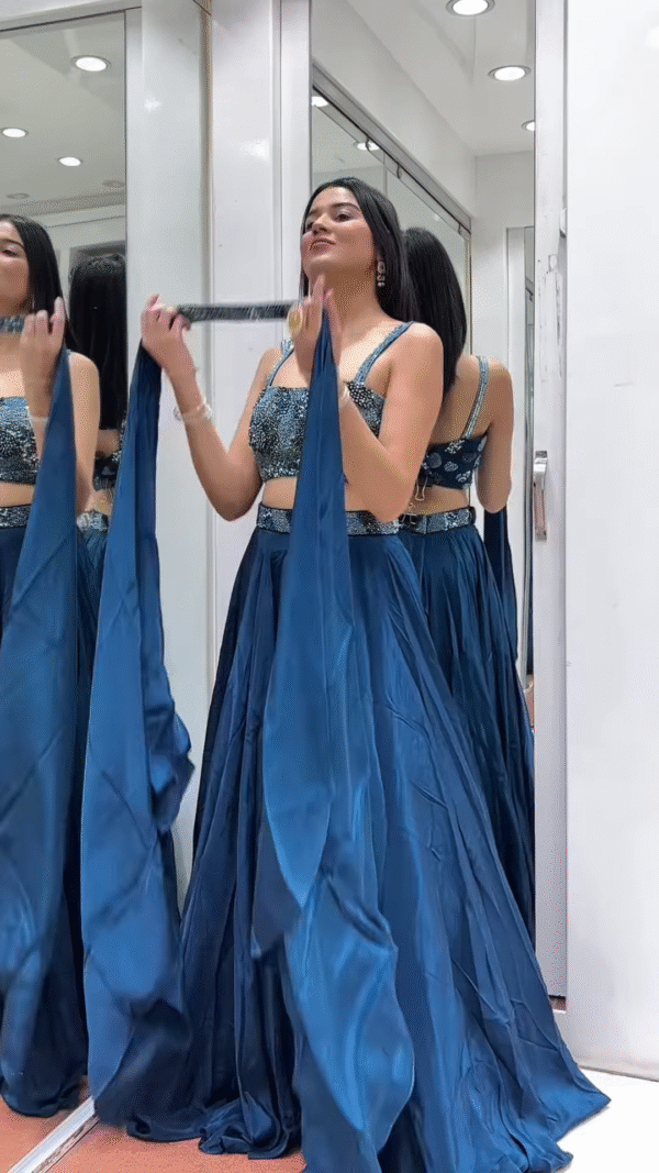 💙 Dazzling Teal Embellished Crop Top & Flowing Skirt Ensemble 🌊 - Image 3
