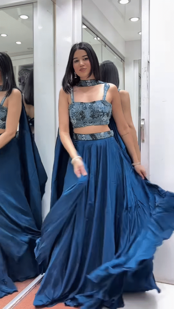 💙 Dazzling Teal Embellished Crop Top & Flowing Skirt Ensemble 🌊 - Image 4