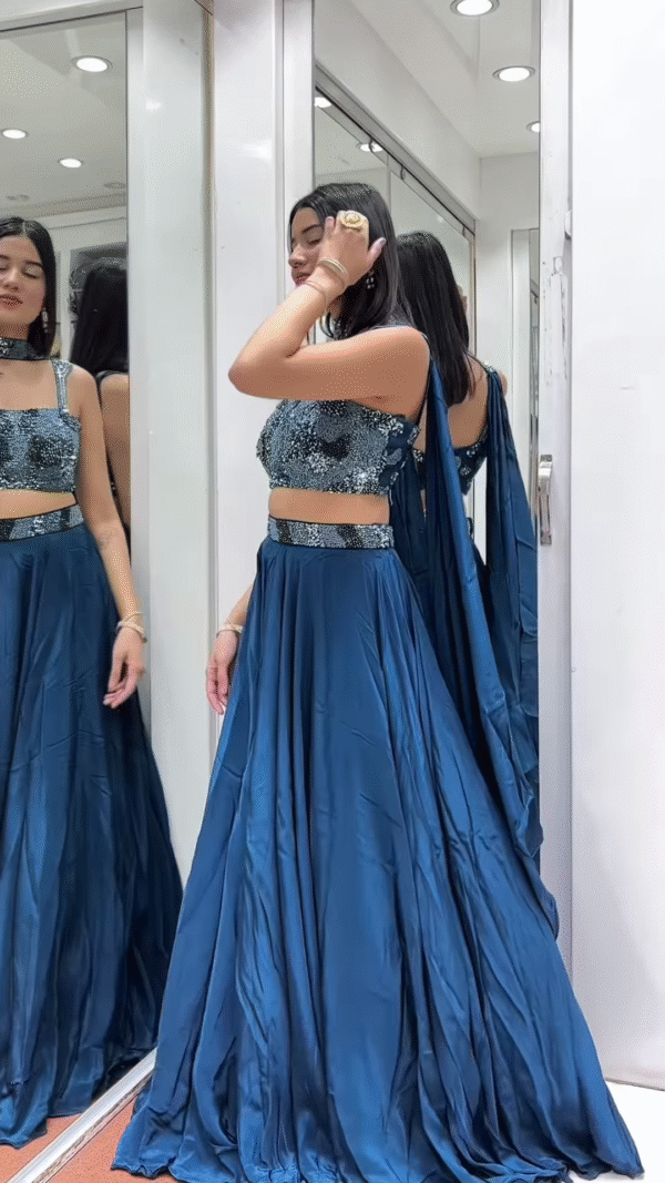 💙 Dazzling Teal Embellished Crop Top & Flowing Skirt Ensemble 🌊 - Image 5
