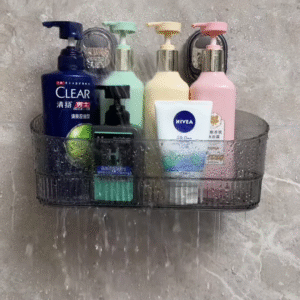 Wall-Mounted Bathroom Shelf with Four Pastel Bottles