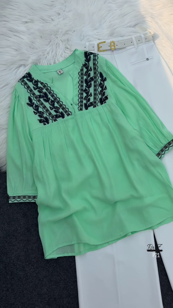 Mint Green Embroidered Tunic Top with White Trousers - Image 2
