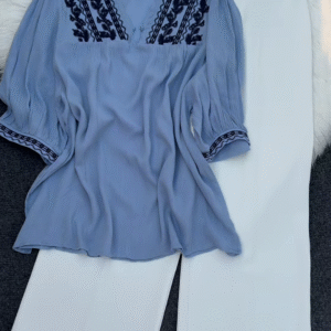 Mint Green Embroidered Tunic Top with White Trousers