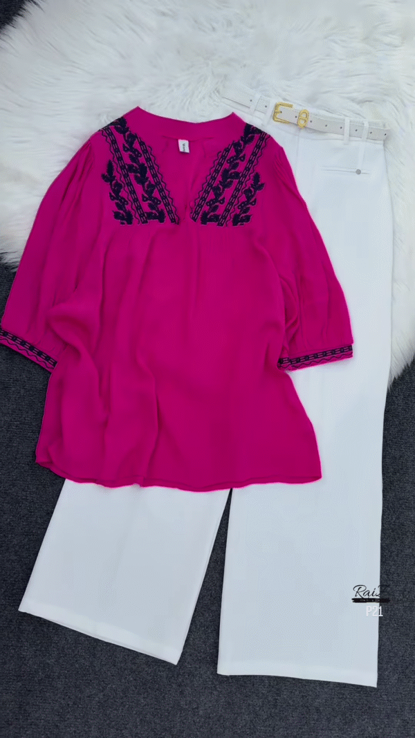 Mint Green Embroidered Tunic Top with White Trousers - Image 3