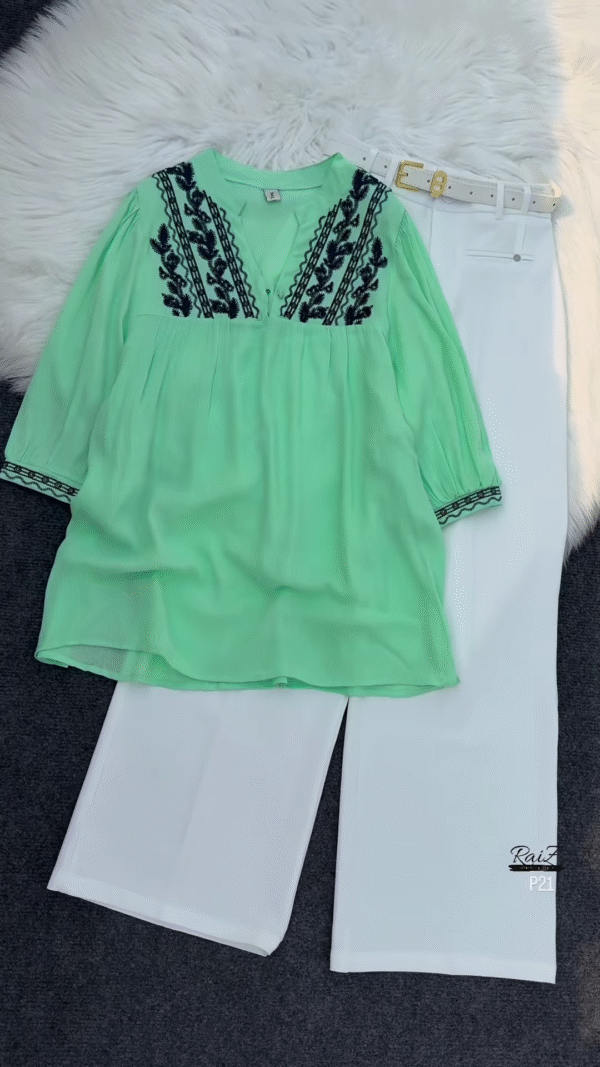 Mint Green Embroidered Tunic Top with White Trousers - Image 5