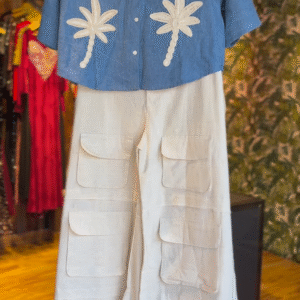 Casual Blue Top with Palm Tree Appliqués and Wide-Leg Pants