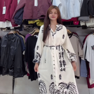 Elegant White Maxi Dress with Black Palm Tree Print