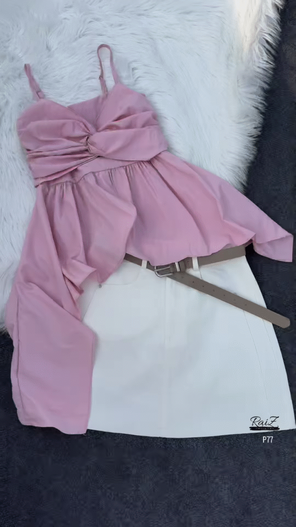 Flowing Pink Top with White Skirt and Tan Belt Ensemble - Image 2