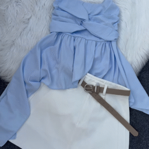 Flowing Pink Top with White Skirt and Tan Belt Ensemble