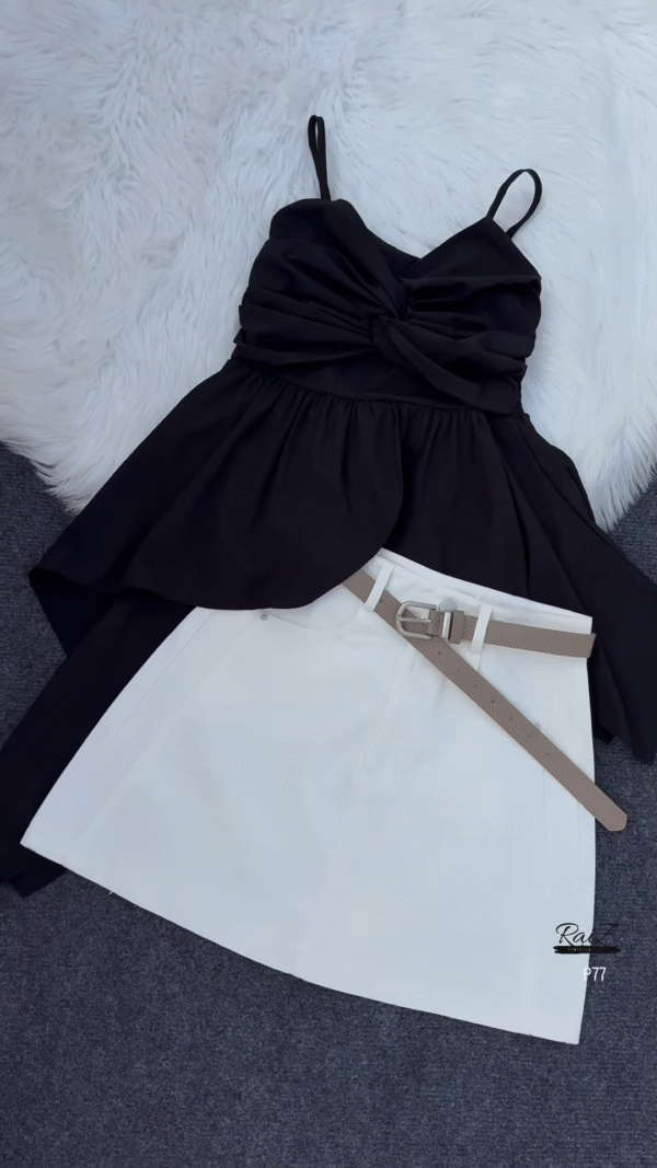 Flowing Pink Top with White Skirt and Tan Belt Ensemble - Image 4