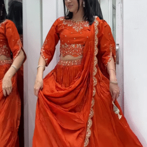 Vibrant Orange Draped Saree with Embellished Blouse