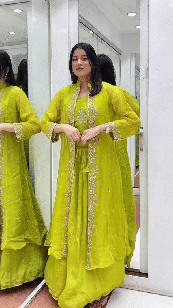 Vibrant Lime Green Embroidered Three-Piece Palazzo Set - Image 3