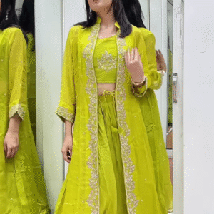 Vibrant Lime Green Embroidered Three-Piece Palazzo Set