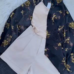 Dark Floral Overshirt with Light Tank and Tailored Shorts
