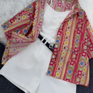 Striped Floral Shirt with White Tank and Belted Shorts Set