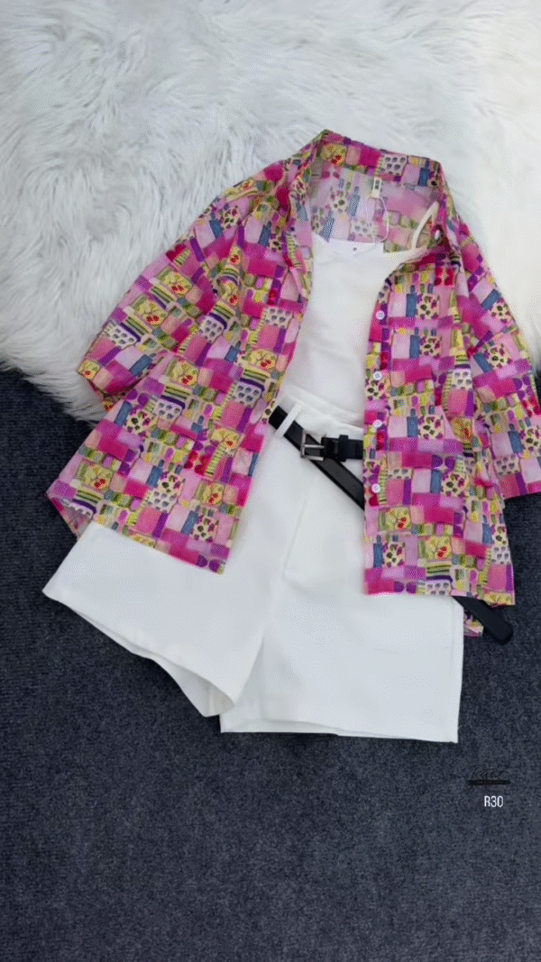 Striped Floral Shirt with White Tank and Belted Shorts Set - Image 3