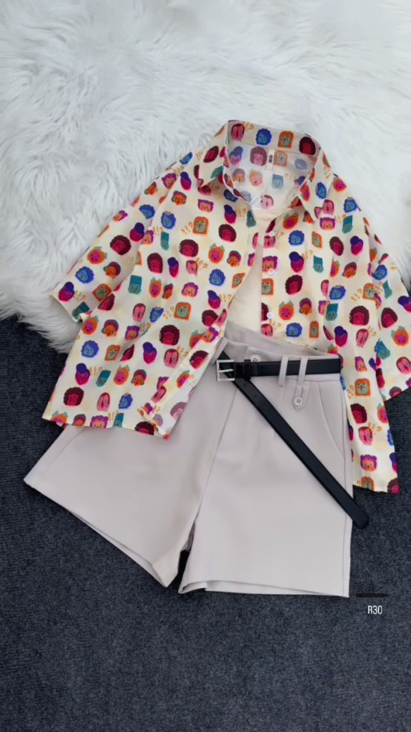 Striped Floral Shirt with White Tank and Belted Shorts Set - Image 4