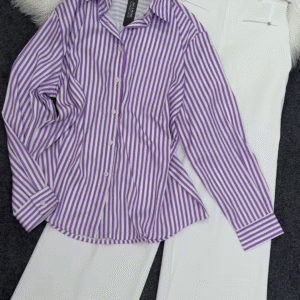 Purple and White Striped Shirt with White Wide-Leg Trousers