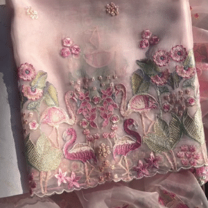 Delicate Pink Fabric with Embroidered Flamingos and Florals