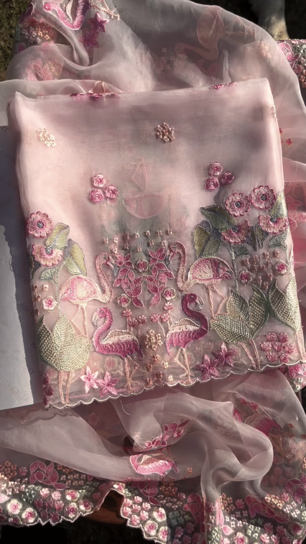 Delicate Pink Fabric with Embroidered Flamingos and Florals