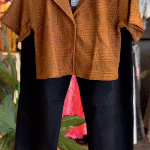 Textured Rust-Colored Shirt with Black Wide-Leg Pants