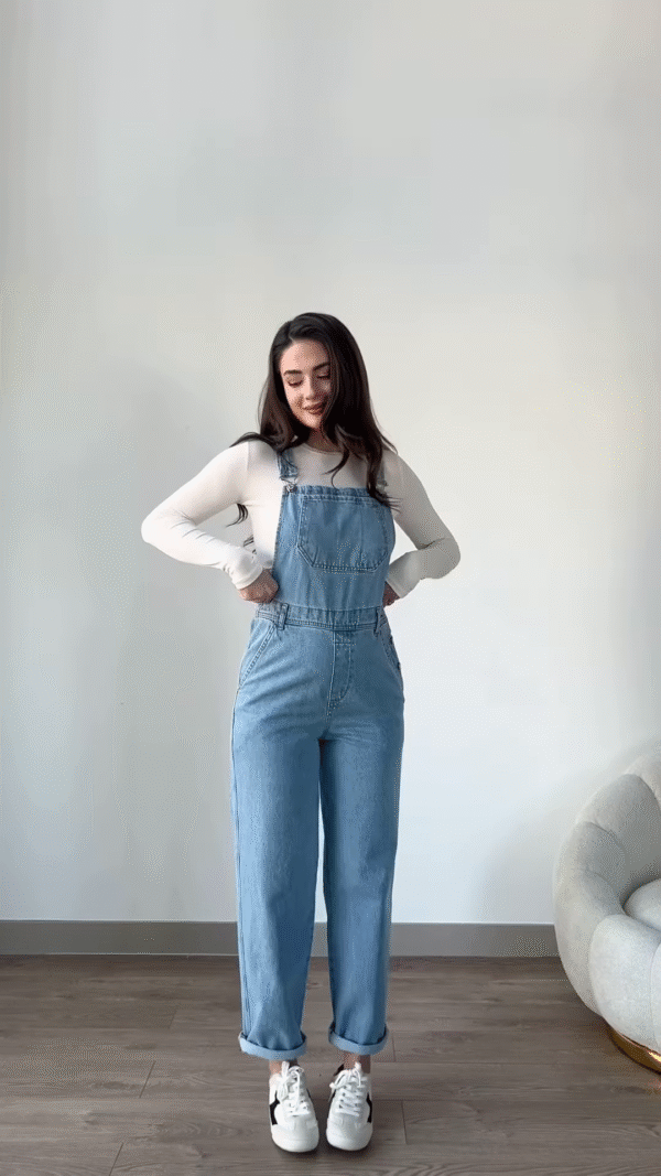 Stylish Denim Overalls with Long-Sleeved Top and Sneakers - Image 2