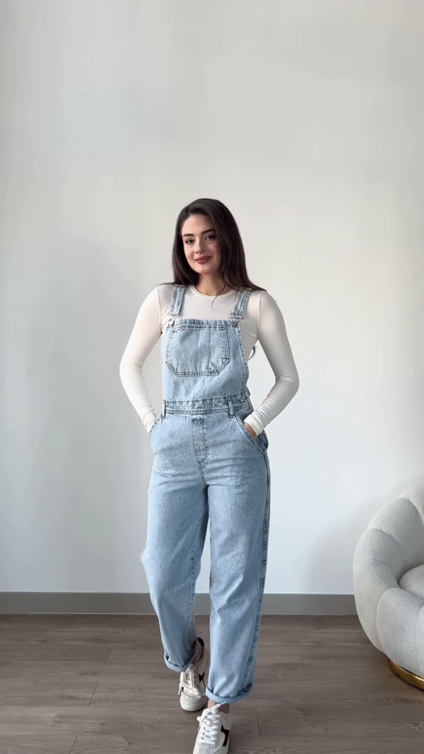 Stylish Denim Overalls with Long-Sleeved Top and Sneakers - Image 3